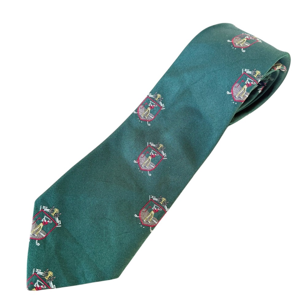 Vintage Polo Ralph Lauren Mens Silk Tie Green Golf Crest Made in USA Hand Made